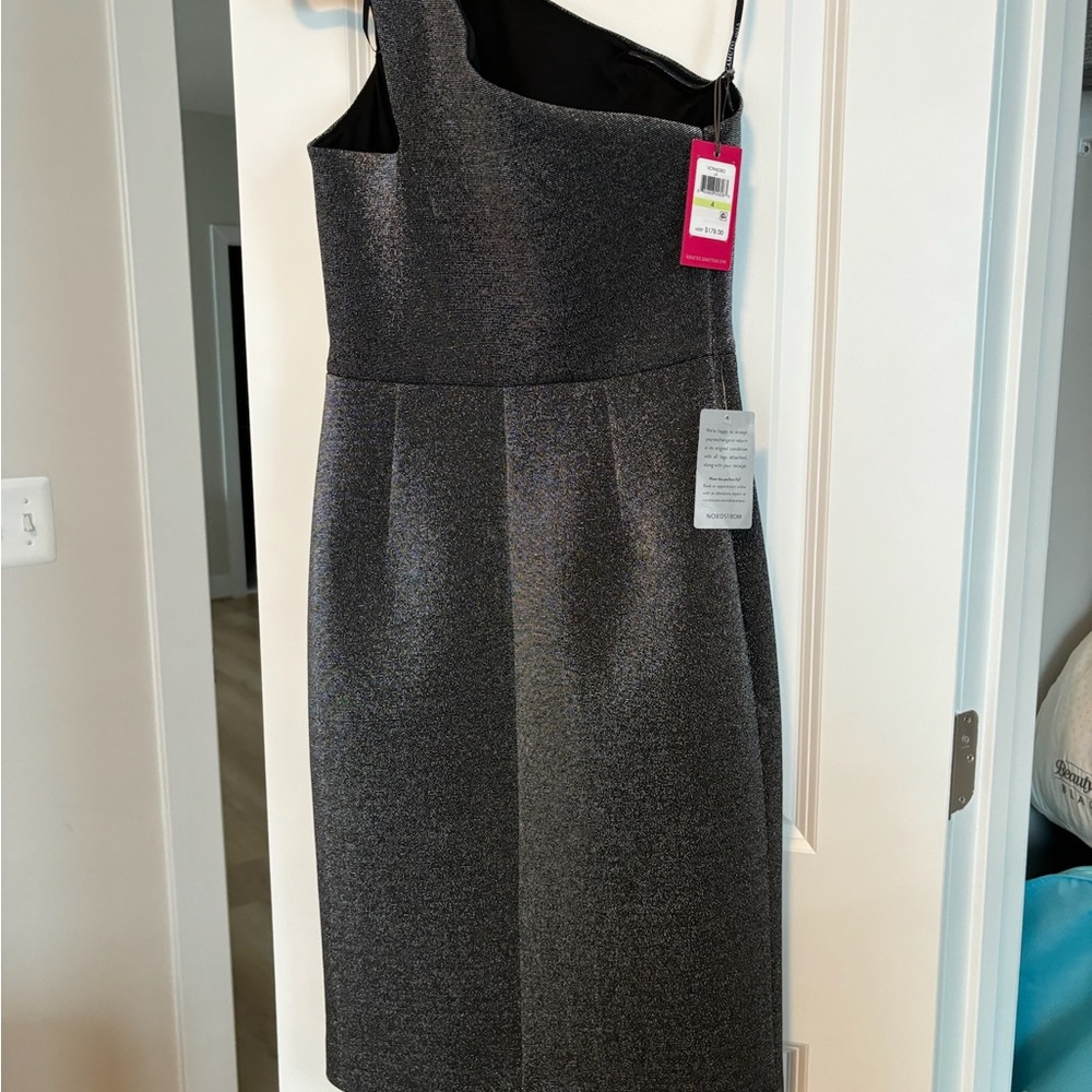 Scuba metallic one shoulder wedding guest cocktail dress